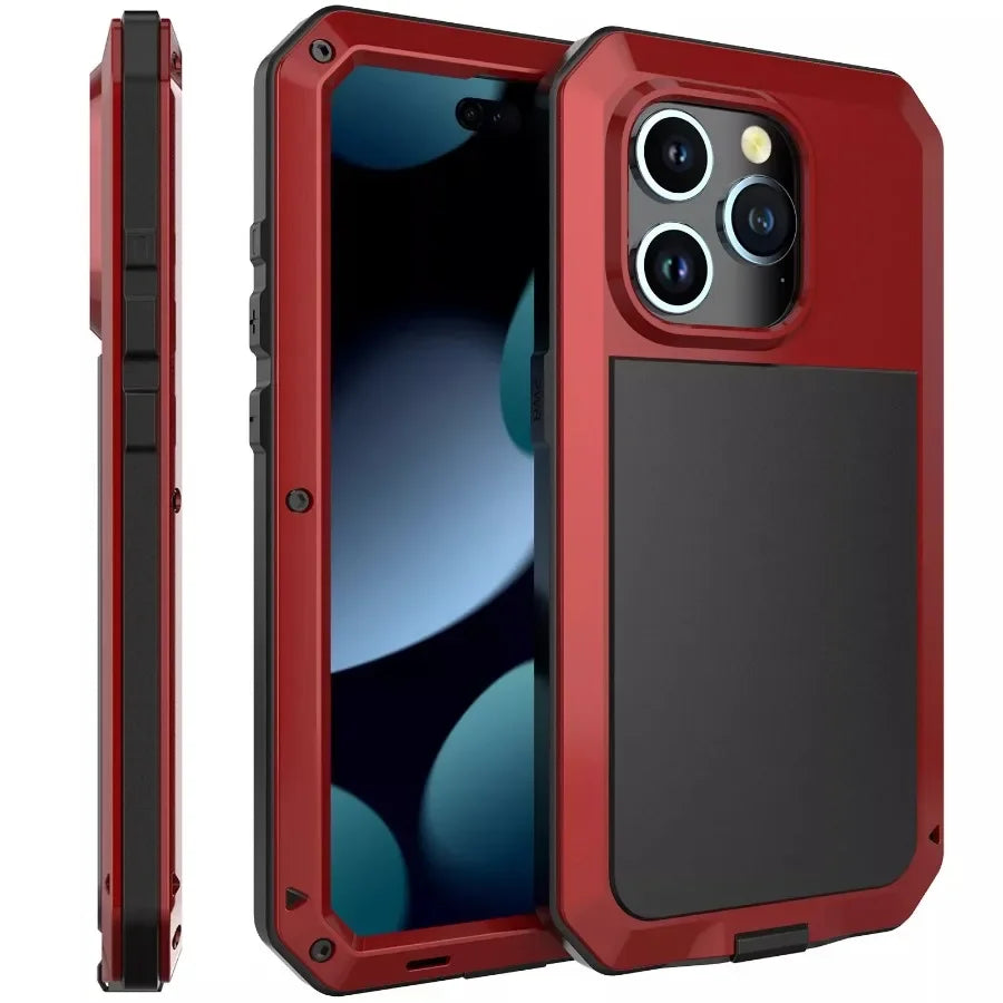 Heavy Duty Tank Metal Case – Shockproof Armor Cover with Gorilla Glass for iPhone 17, 16e, 16, 15, 14, 13, 12, 11 Pro Max, XR, X, 8 Plus