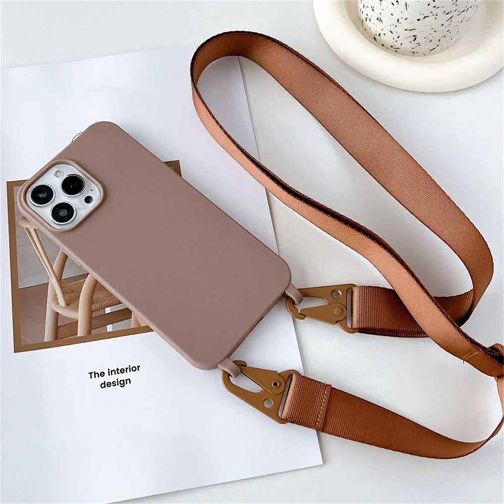 Crossbody Necklace Strap Silicone Case - Matte Shockproof Phone Cover for iPhone 17, 16, 15, 14 Pro Max & More