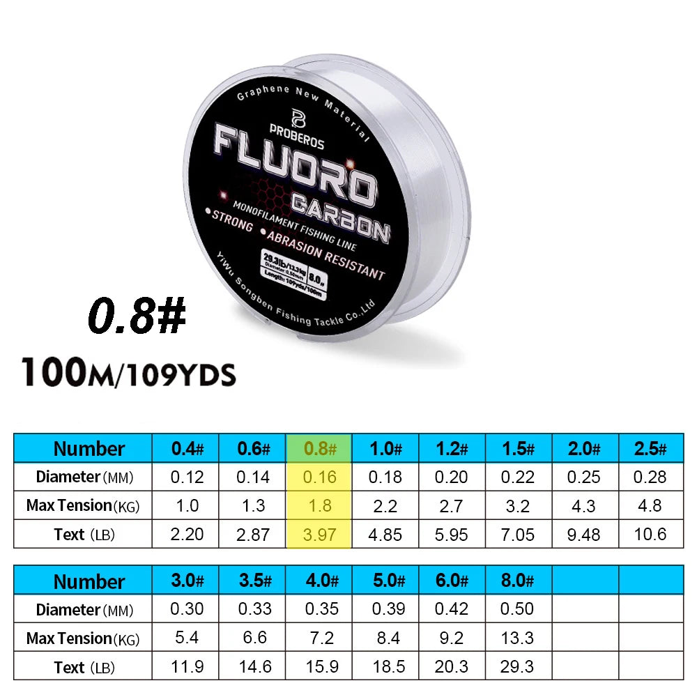 PROBEROS 100M Fluorocarbon Fishing Line - Carbon Fiber Monofilament Leader Line for Carp & Sinking Fishing Tackle