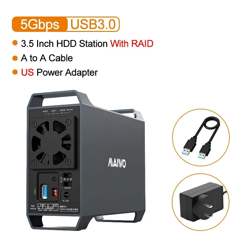 MAIWO 3.5 Inch Dual Bay External Hard Drive Enclosure – SATA Disk Array with 4 RAID Functions for 3.5 Inch HDD