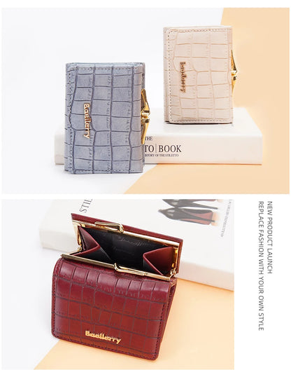 Baellerry Short Women’s Wallet — Crocodile Pattern Coin & Card Holder with Photo Slots, Hasp Purse for Girls