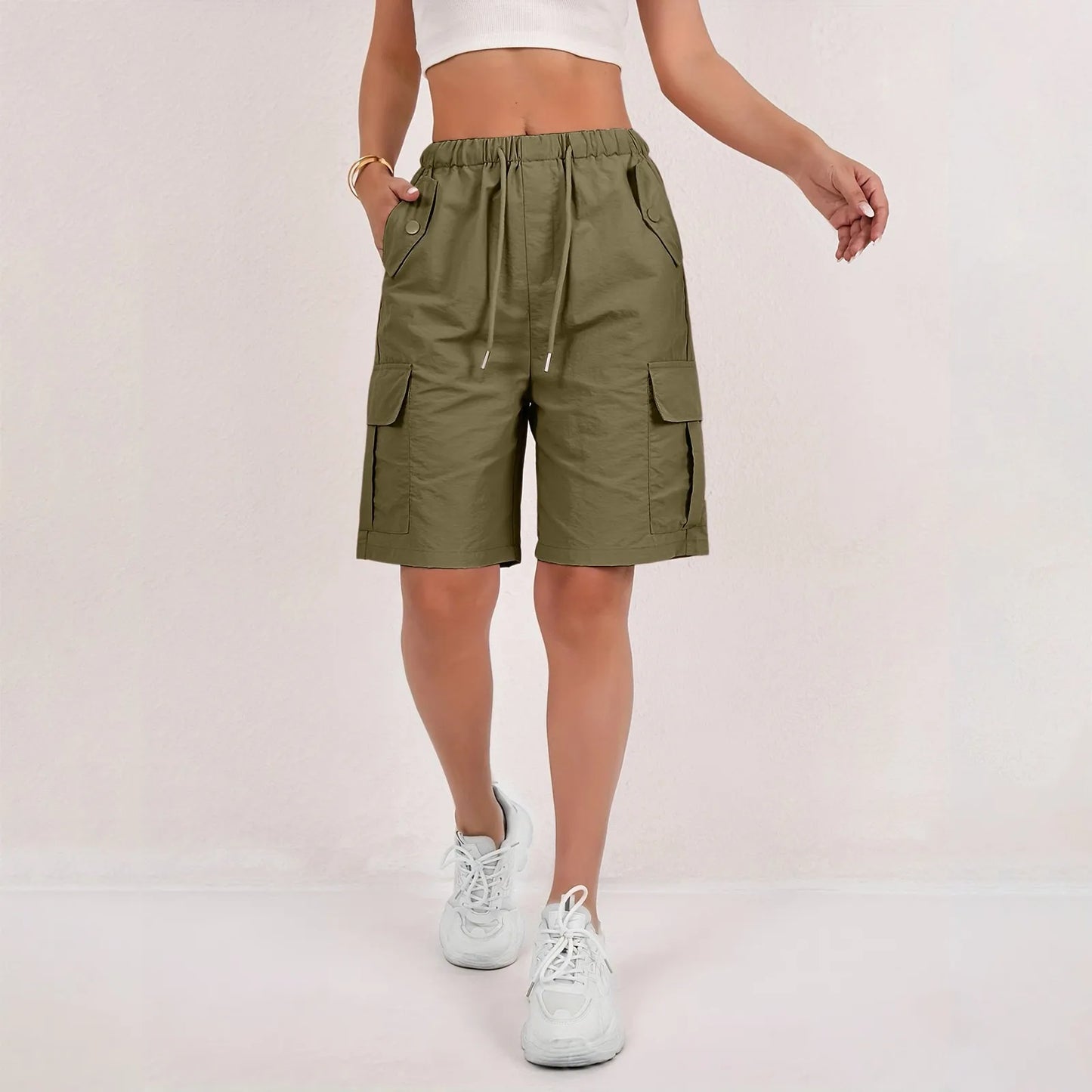 Women’s High-Waisted Cargo Shorts - Loose Straight-Leg Drawstring Sports Shorts with Multiple Pockets