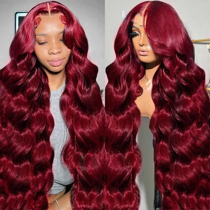 99J Burgundy Body Wave Human Hair Wig – 13x6 HD Transparent Lace Front, 30-40 Inch Curly Brazilian Hair for Women