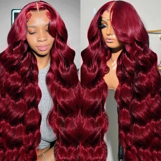 99J Burgundy Body Wave Human Hair Wig – 13x6 HD Transparent Lace Front, 30-40 Inch Curly Brazilian Hair for Women