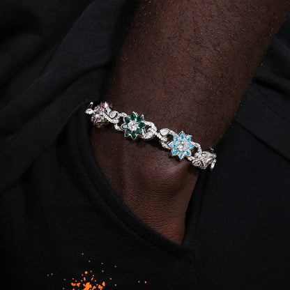 New Iced Out Moissanite Chain Necklace & Colorful Flower Bracelet – Hip Hop S925 Silver, 18K Plated Jewelry for Men & Women