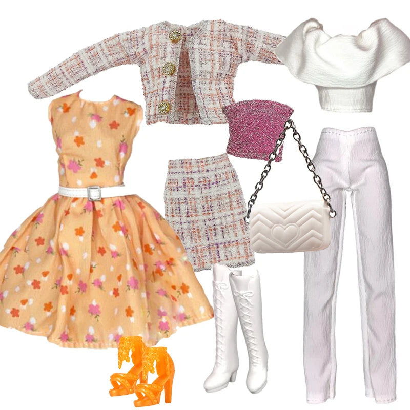Elegant 1/6 Doll Outfit – Pink Houndstooth Dress, Hat, Gold Belt, Handbag & Shoes Set