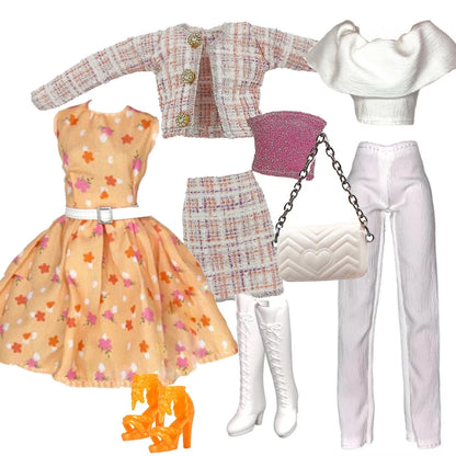 Elegant 1/6 Doll Outfit – Pink Houndstooth Dress, Hat, Gold Belt, Handbag & Shoes Set