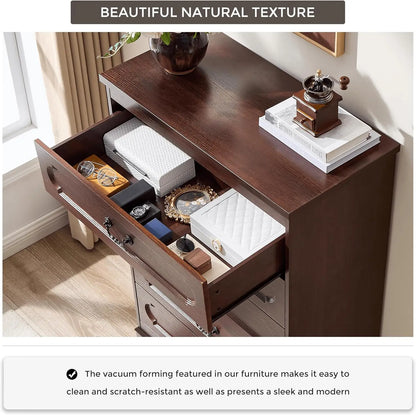 5-Drawer Farmhouse Dresser – Cherry Wood Chest of Drawers for Bedroom, Rustic Wide Storage Solution