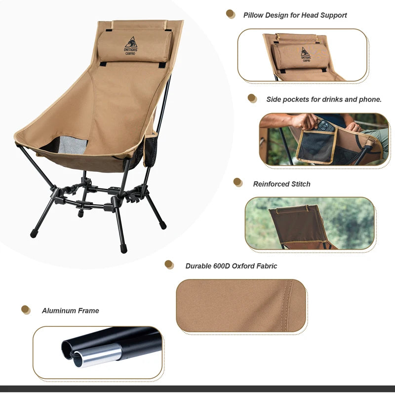 OneTigris Folding Camping Chair – Outdoor High Back Chair for Fishing, Trekking, BBQ, Beach & Gardening