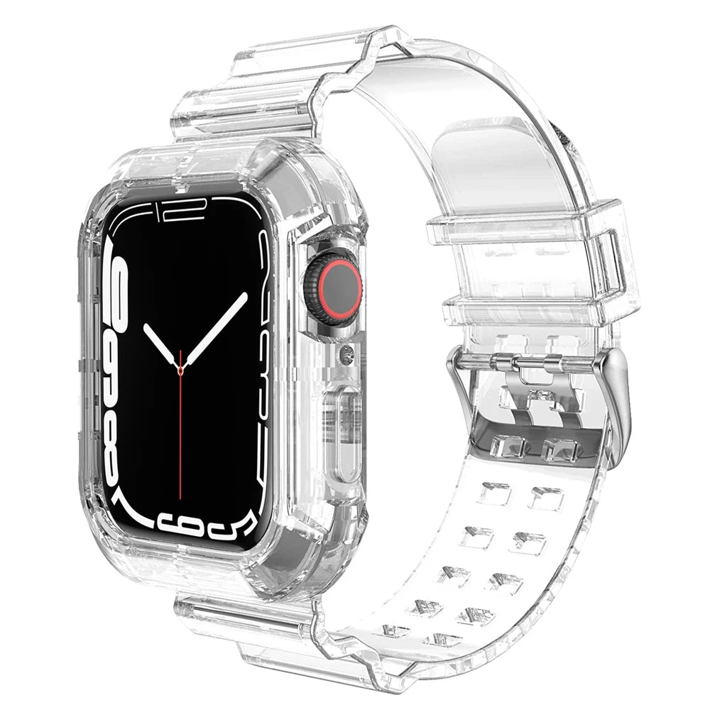 Clear Strap + Case for Apple Watch Series 5/SE/6/4/Ultra 8/7 – Transparent Plastic Band for 38mm, 40mm, 41mm, 42mm, 44mm, 45mm, 49mm