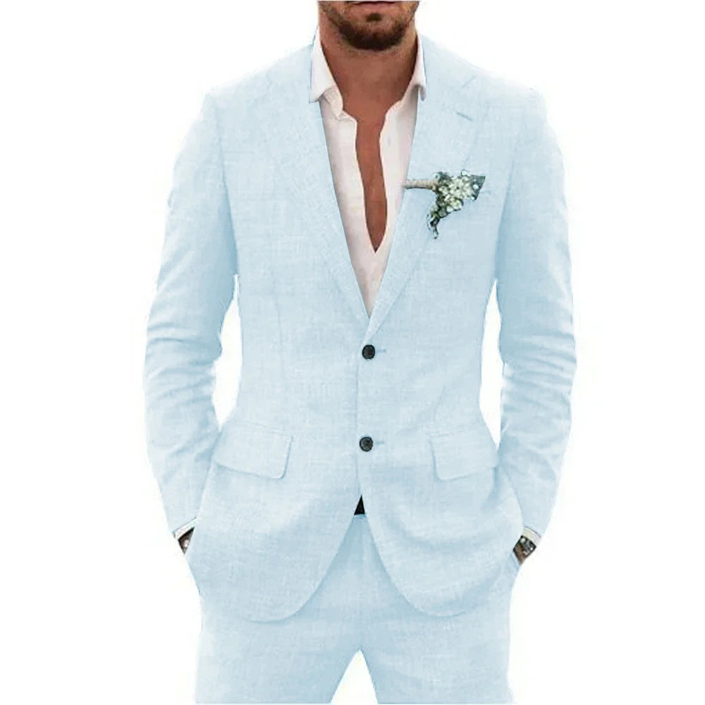 Men's Linen Suit Set - Slim Fit Notched Lapel 2 Piece Wedding & Beach Tuxedo Outfit For Summer Casual Formal Wear
