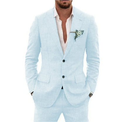 Men's Linen Suit Set - Slim Fit Notched Lapel 2 Piece Wedding & Beach Tuxedo Outfit For Summer Casual Formal Wear