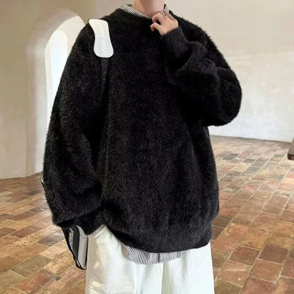 Men's Autumn Fluffy Knit Sweater - Loose Warm Korean Style Y2K Vintage Winter Pullover
