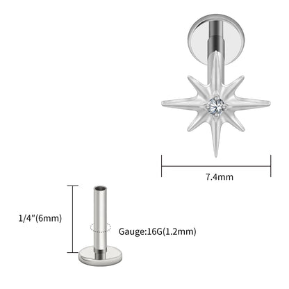 Right Grand ASTM F136 Titanium CZ North Star 16G Flat Back Earring – Tiny Starburst Helix, Cartilage & Earlobe Stud Piercing Jewelry