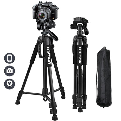 55" Aluminum Travel Tripod – 140CM Tall Stand with Quick Release Plate & Pan Head for Phone, Canon, Nikon, DSLR, SLR Cameras