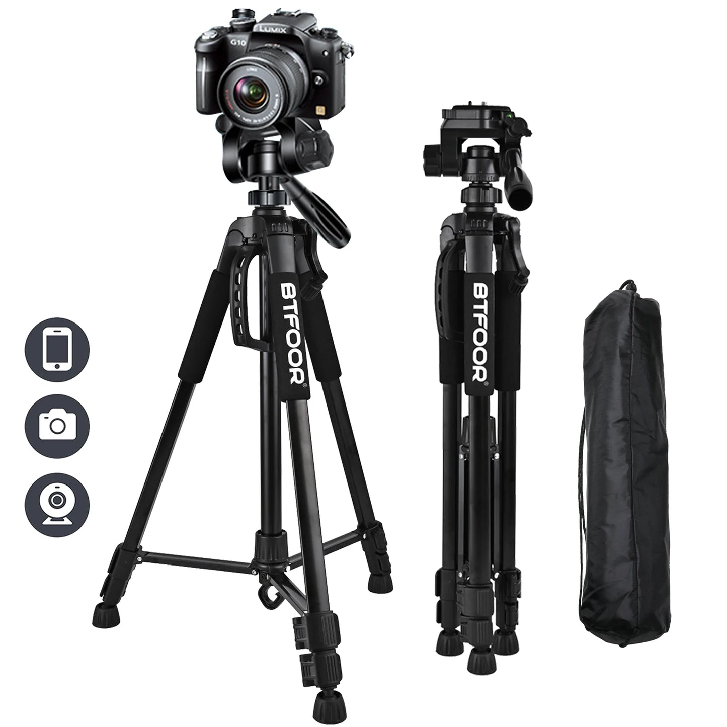 55" Aluminum Phone & Camera Tripod – 140CM Tall Travel Stand with Quick Release Plate & Pan Head for Canon Nikon DSLR SLR