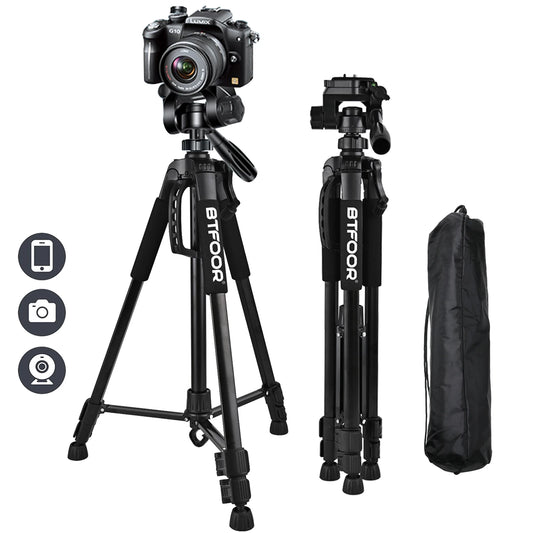 55" Aluminum Phone & Camera Tripod – 140CM Tall Travel Stand with Quick Release Plate & Pan Head for Canon Nikon DSLR SLR