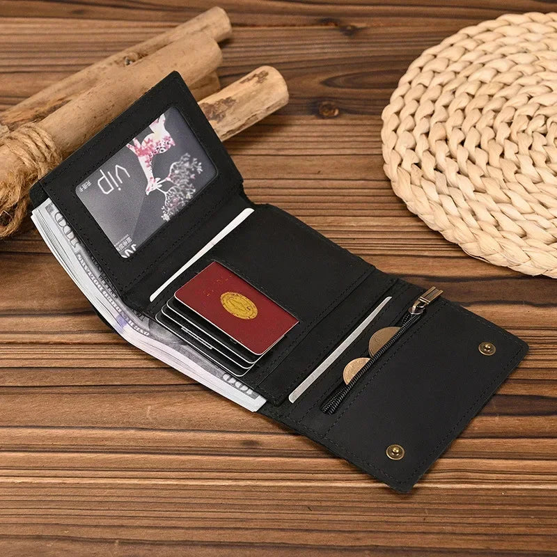 Men’s Genuine Leather Short Wallet with Chain – Trifold Zipper Clutch, Card Holder & Coin Purse