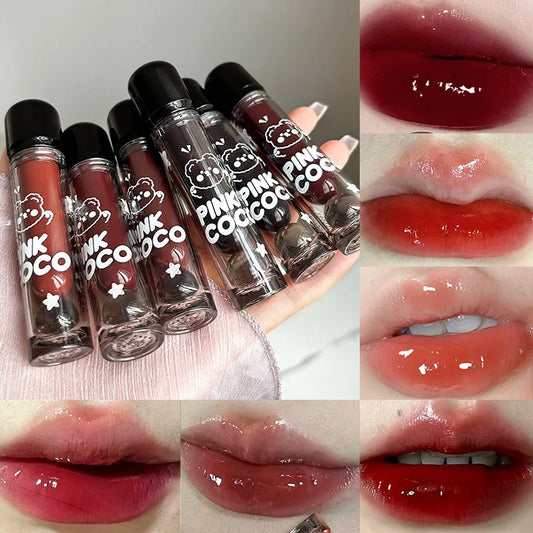 PINKCOCO Bear Doodle Mirror Lip Glaze – Long-Lasting Shiny Nude Lip Gloss, Skin-Brightening Student-Friendly Lipstick