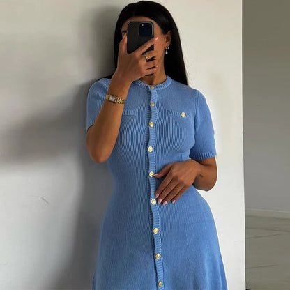 2025 New Women’s Knit Slim Mini Dress – Elegant Single-Breasted Solid Color Office & Daily Commuting Vestido