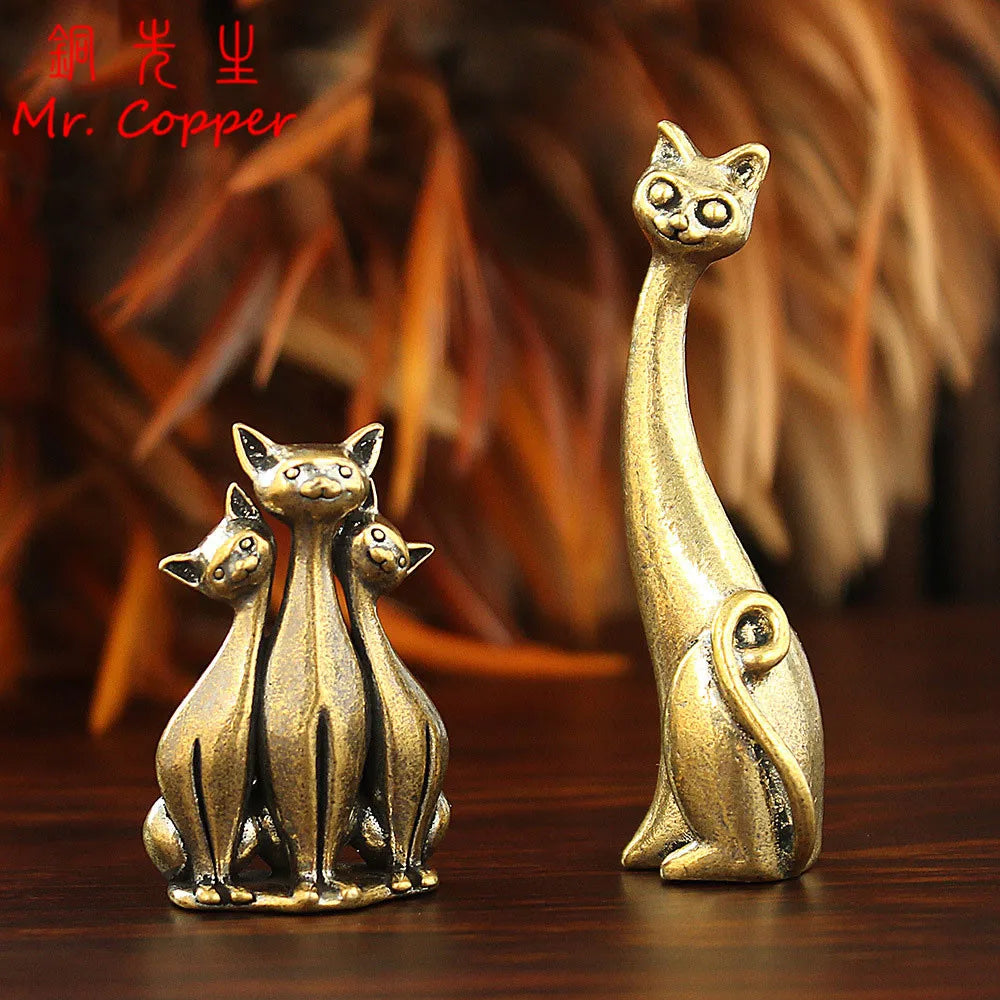 Brass Cat Figurines - 7 Style Modern Retro Animal Mini Statues for Desktop, Home Decor & Craft Accessories