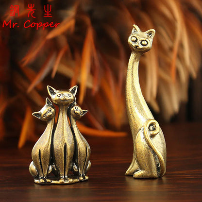 Brass Cat Figurines - 7 Style Modern Retro Animal Mini Statues for Desktop, Home Decor & Craft Accessories