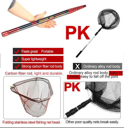 JOSBY Telescopic Foldable Fishing Net – 2.1M/3M/4M Lightweight Carbon Fiber Landing Net for Carp & Sea Fishing