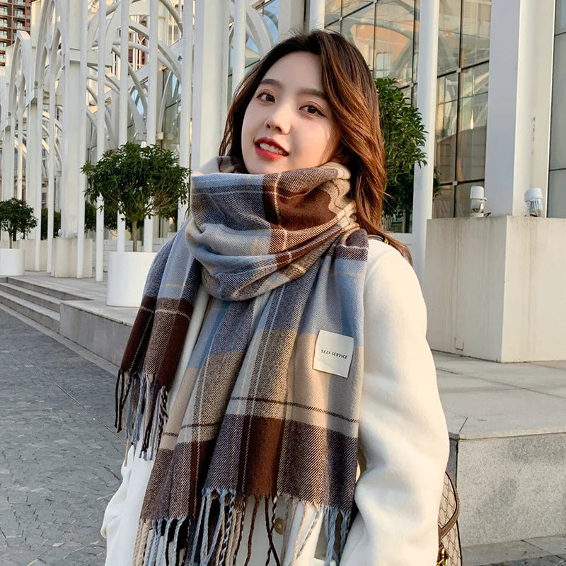 Women's Winter Korean-Style Scarf - British Classic Checkered Thickened Neck Warmer for Students - Unisex Autumn/Winter Accessory