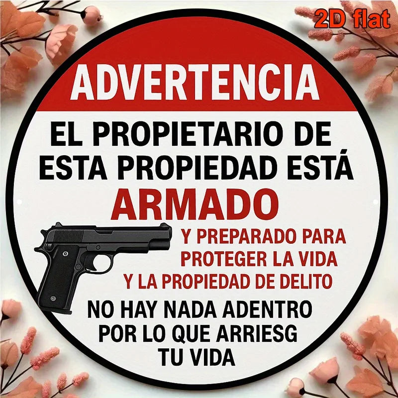 Armed Homeowner Warning Sign - Vintage Round Aluminum Security Plaque in English & Spanish