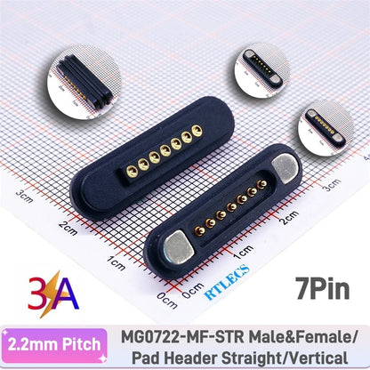3A Magnetic Pogo Pin Connector - 2–11 Pin Spring-Loaded Male/Female Contact Strip, 2.2mm Pitch
