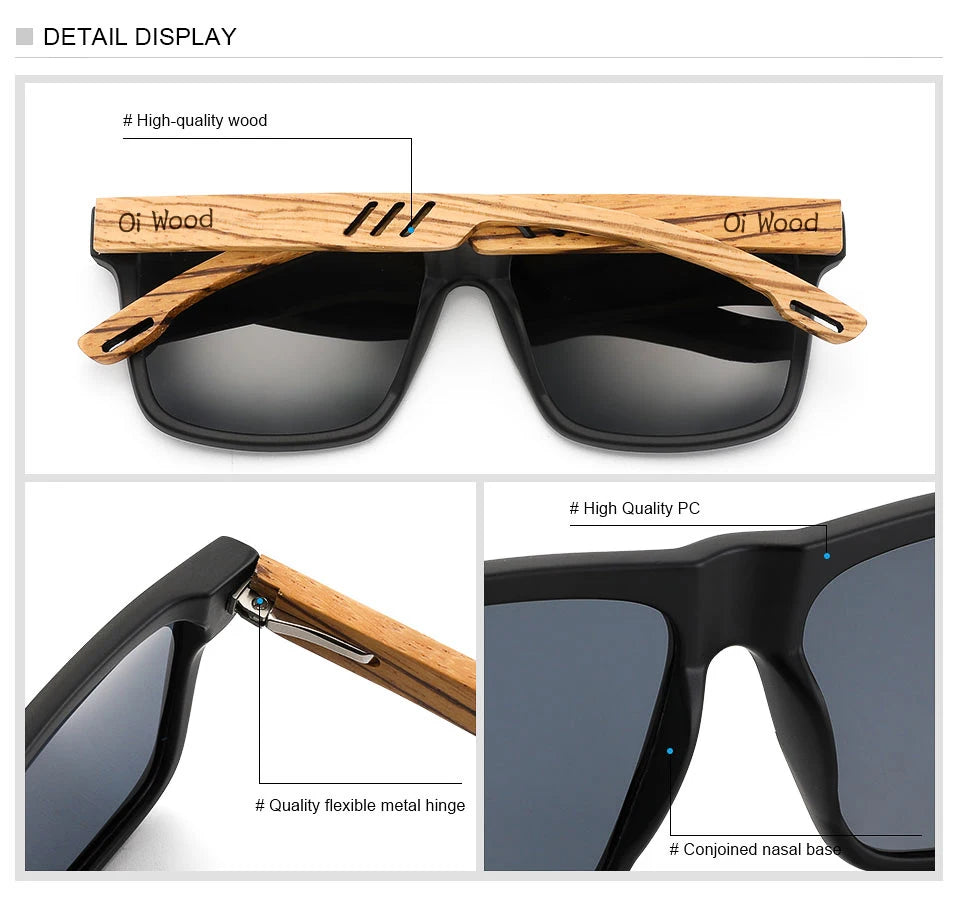 Oi Wood Square Polarized Sunglasses for Men — UV400 Fashion Sport & Driving Sun Glasses