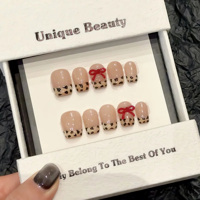10Pcs Pink Handmade Press-On Nails – Short French Style with Flowers, Butterflies & Rhinestones, Full Cover Nail Tips