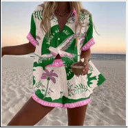 Women’s Summer 2-Piece Set – Lapel Short-Sleeve Shirt & Shorts, Elegant Loose Printed Outfit