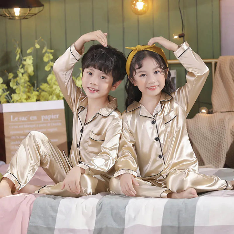 Kids’ Satin Silk Pajama Set – Long Sleeve Silky Loungewear for Boys & Girls, Teen PJs for Ages 2-14