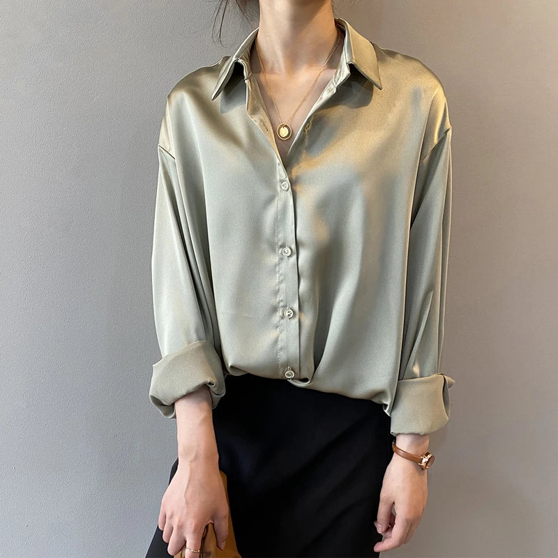 Elegant Satin Women’s Shirt — Loose Vintage Blouse with Turn-Down Collar for Spring & Autumn