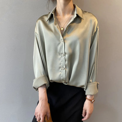 Elegant Satin Women’s Shirt — Loose Vintage Blouse with Turn-Down Collar for Spring & Autumn