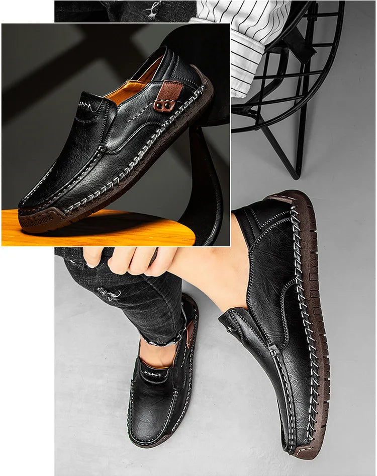 Handmade Leather Men’s Loafers – Casual Slip-On Flats, Comfortable Outdoor Walking Shoes
