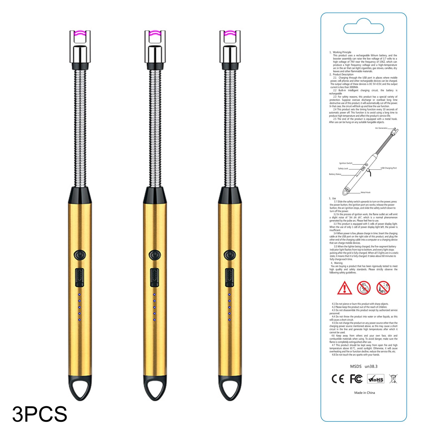 3PCS Rechargeable Electric Plasma Arc Lighters — Type-C Windproof Lighter for Kitchen, Candle, and BBQ Grill