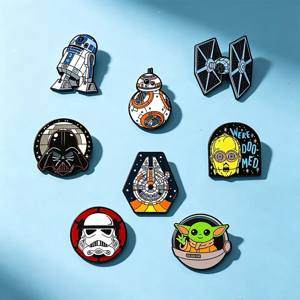 8-Piece Star Wars Enamel Brooch Set - R2-D2, BB-8, Darth Vader, Stormtrooper, and TIE Fighter Metal Pins for Backpacks and Accessories