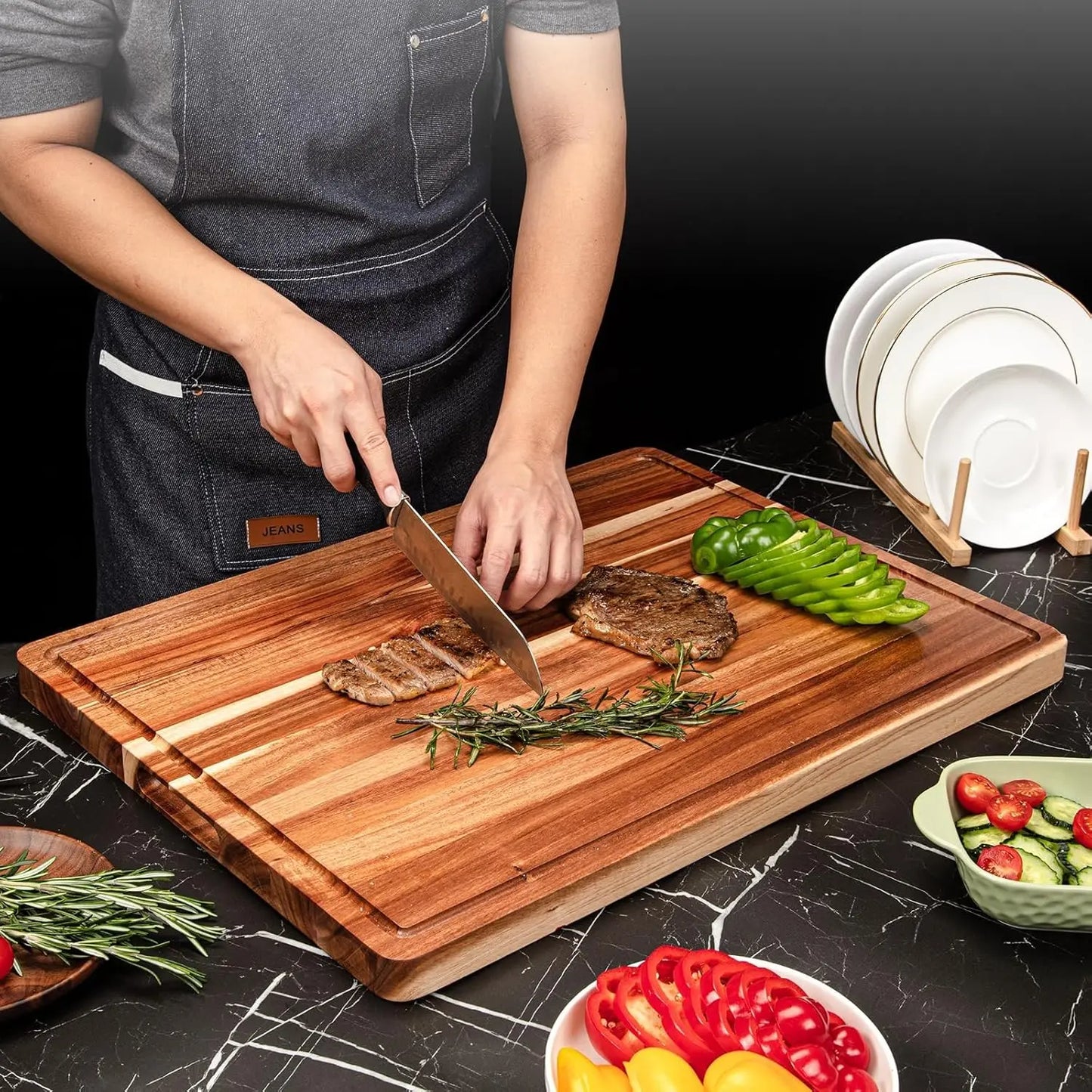 Extra Large Wooden Cutting Board - 24 x 18 Inch Reversible Butcher Block with Juice Groove & Handle
