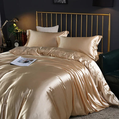 Silk Bedding Set With Duvet Cover - Luxury Satin Bed Sheet Pillowcase Set Solid Color King Queen Twin Size