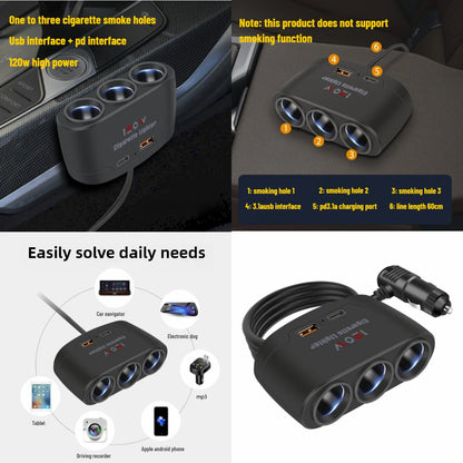 3-Socket Car Cigarette Lighter Splitter - 120W 12V/24V Dual USB Fast Charger Adapter for iPhone, GPS and Dashcam
