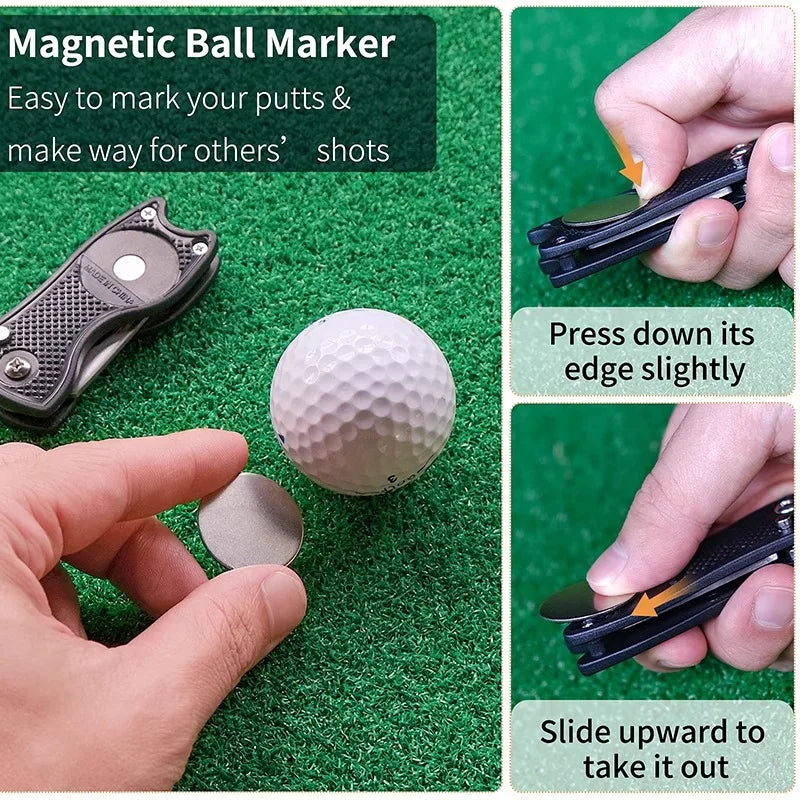 Foldable Metal Golf Divot Repair Tool with Magnetic Ball Marker – Green Course Accessory