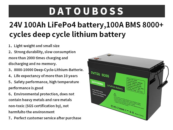 DATOUBOSS 12V 100Ah LiFePO4 Battery — 1280Wh Lithium Battery with 100A BMS, 8000-15000 Deep Cycles, Series/Parallel Support