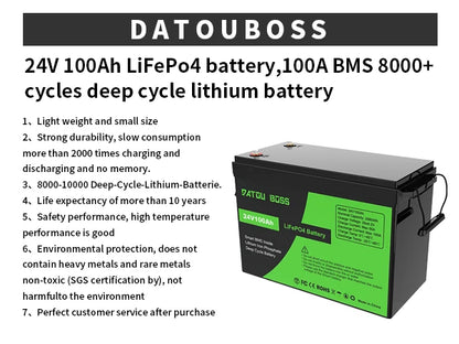 DATOUBOSS 12V 100Ah LiFePO4 Battery — 1280Wh Lithium Battery with 100A BMS, 8000-15000 Deep Cycles, Series/Parallel Support