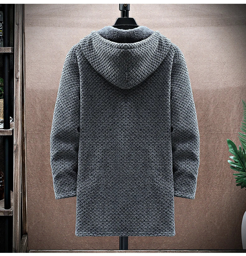 Men's Cashmere Hooded Cardigan Coat – Warm Fleece Long Sweater Jacket for Autumn Winter