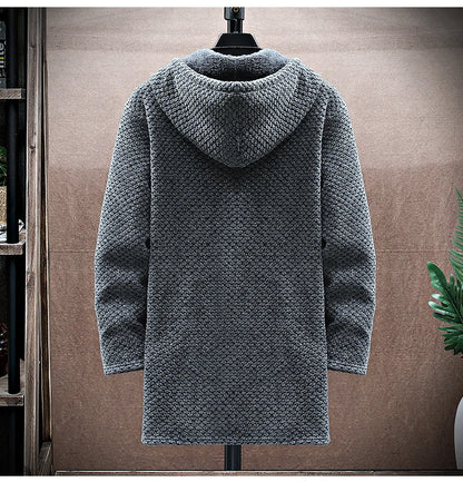 Men's Cashmere Hooded Cardigan Coat – Warm Fleece Long Sweater Jacket for Autumn Winter