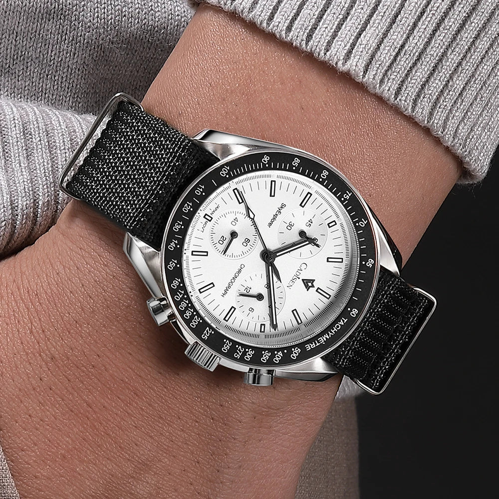 CADISEN Men's Luxury Watch – Quartz VK68 Chronograph, Sapphire AR Crystal, Canvas Strap Speed Style Wristwatch