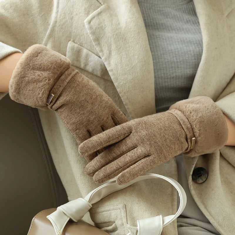 Winter Women's Suede Gloves - Plush Velvet Touch Screen, Thick Warm Wrist Gloves for Driving and Cycling