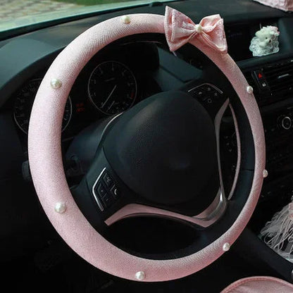 Pink Car Interior Accessories Set - Lace Steering Wheel Seat Belt Gear Shift And Mirror Covers For Women